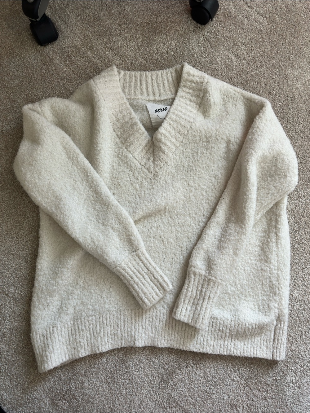aerie Soft Cream Oversize Bouclé V-Neck Sweater